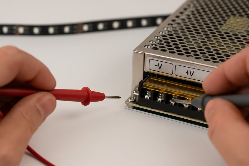A technician pointing a multimeter probe at the output terminal of an LED power supply, with a dark, unlit LED strip in the background.