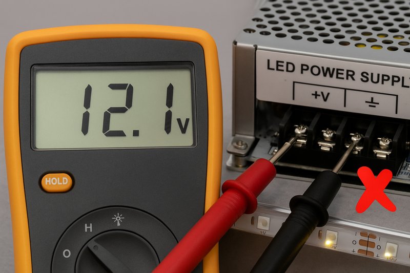 A close-up of a multimeter screen displaying "12.1V" with the probes touching the output terminals of a working LED power supply