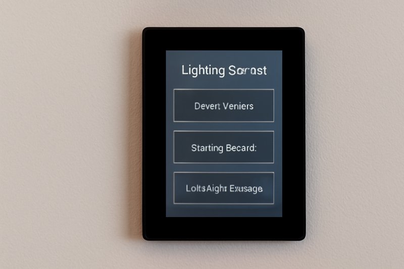 A sleek wall-mounted touchscreen controller showing different lighting scene presets like 