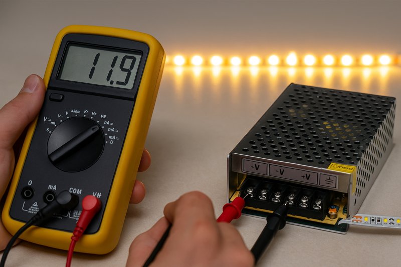 A close-up shot of a technician using a multimeter to test the voltage output terminals on an LED power supply, with the LED strip flickering in the background