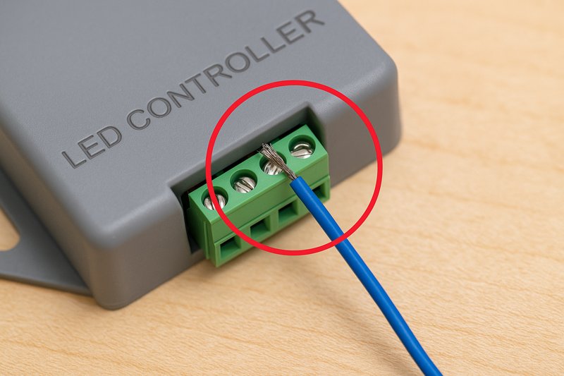 A close-up image showing a frayed wire barely making contact inside a screw-down terminal block on an LED controller.