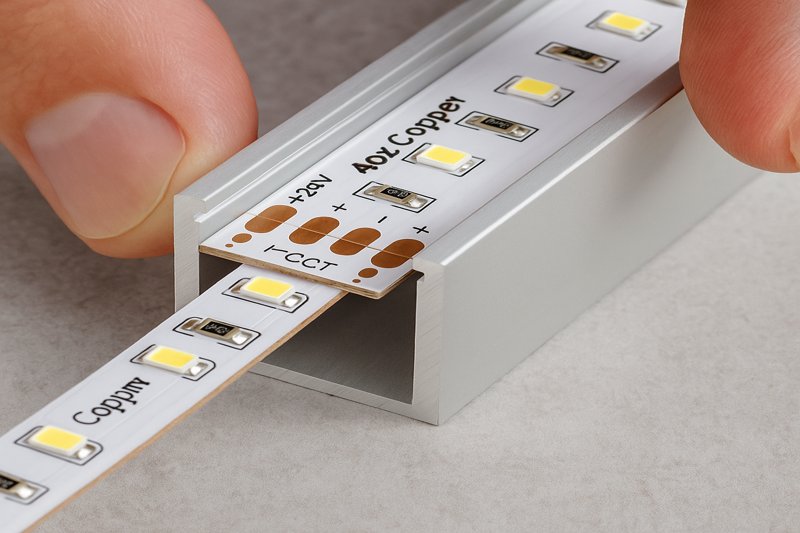 A detailed shot of a heavy-duty LED strip with a thick 4oz copper base being installed into a deep aluminum channel.