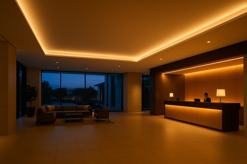 A wide shot of a modern hotel lobby at dusk, with warm white LED cove lighting creating soft, indirect illumination on the ceiling and accent lighting behind the reception desk.