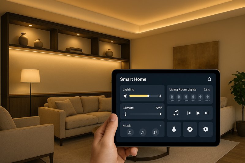 A high-end living room with integrated LED cove lighting, under-cabinet lights, and accent lighting, all controlled seamlessly from a single tablet interface showing a smart home dashboard.