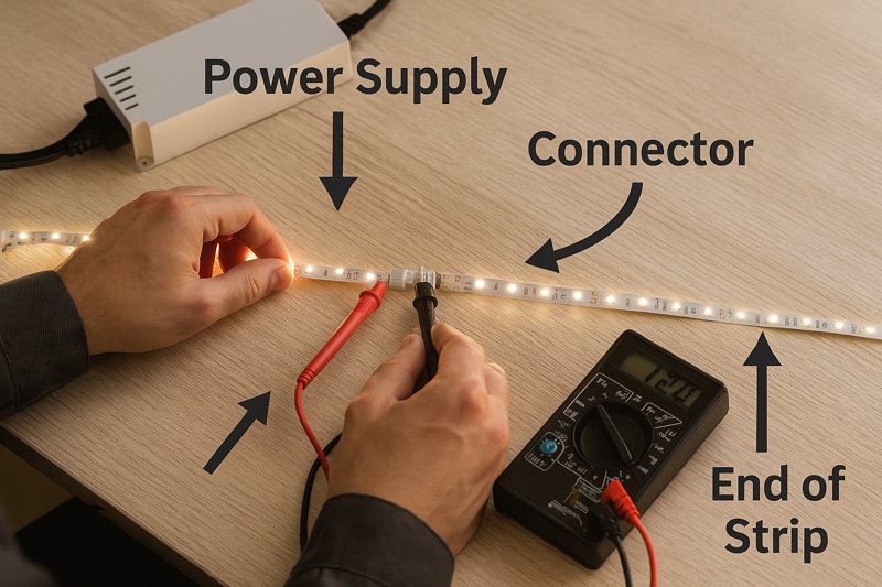 A technician troubleshooting an LED strip installation with a multimeter, with arrows pointing to the power supply, a connector, and the end of the strip