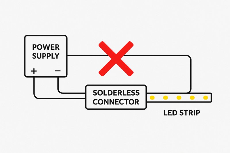 A diagram showing the electrical path from a power supply to an LED strip, with a large red 