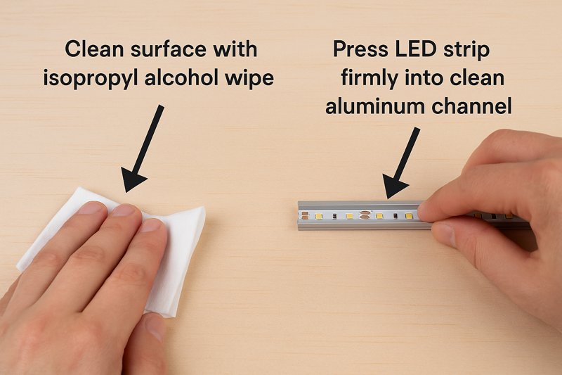 An image showing the proper installation process: a hand cleaning a surface with an isopropyl alcohol wipe, then pressing an LED strip firmly into a clean aluminum channel.