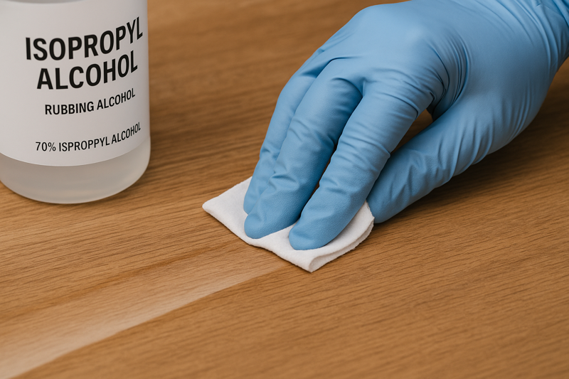 A hand shown wearing a nitrile glove, wiping a clean line onto a wooden surface with a cloth dampened with isopropyl alcohol.