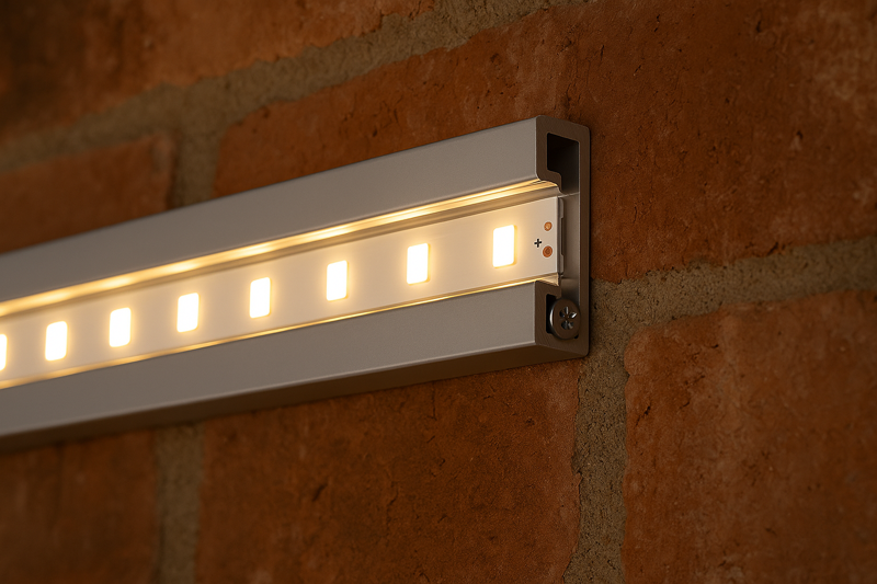A rugged installation showing an LED strip in a heavy-duty aluminum channel, securely screwed into a brick wall, illuminating the texture of the brickwork.