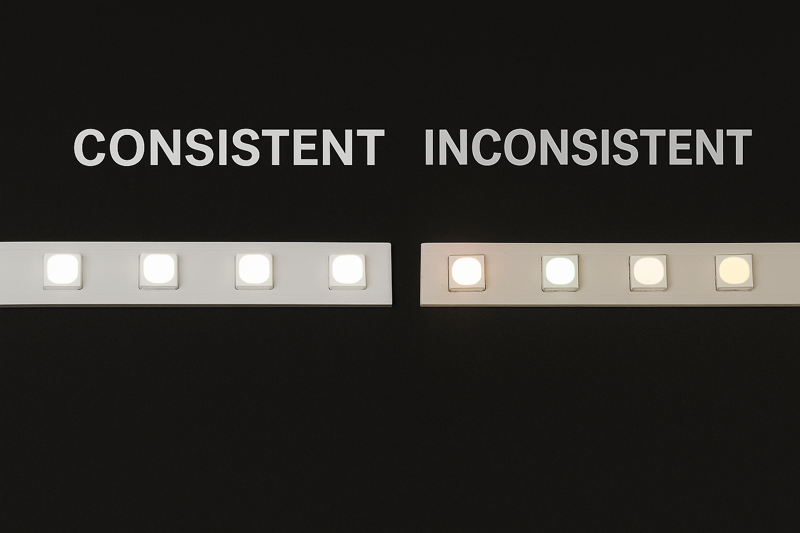 An image showcasing color consistency. One side shows premium strips with identical, pure white light. The other side shows cheap strips with inconsistent shades of white.
