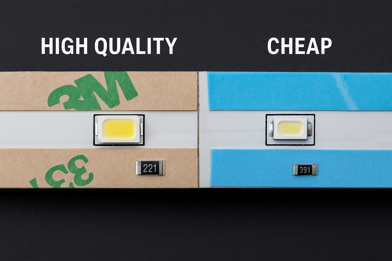 A macro shot comparing components. One side shows a branded 3M adhesive liner and a robust resistor. The other shows a generic blue liner and a tiny, undersized resistor.