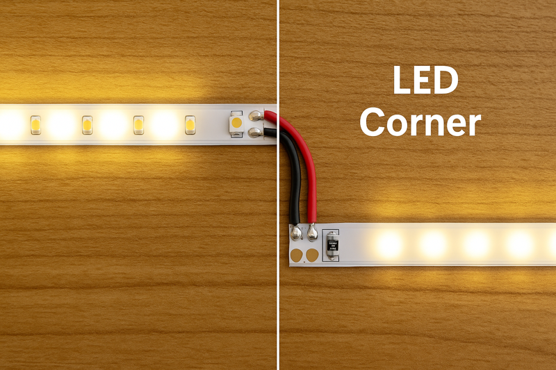 A close-up of a perfectly executed 90-degree corner. Two strips are cut and joined by short, neat red and black jumper wires, showing continuous light around the bend.