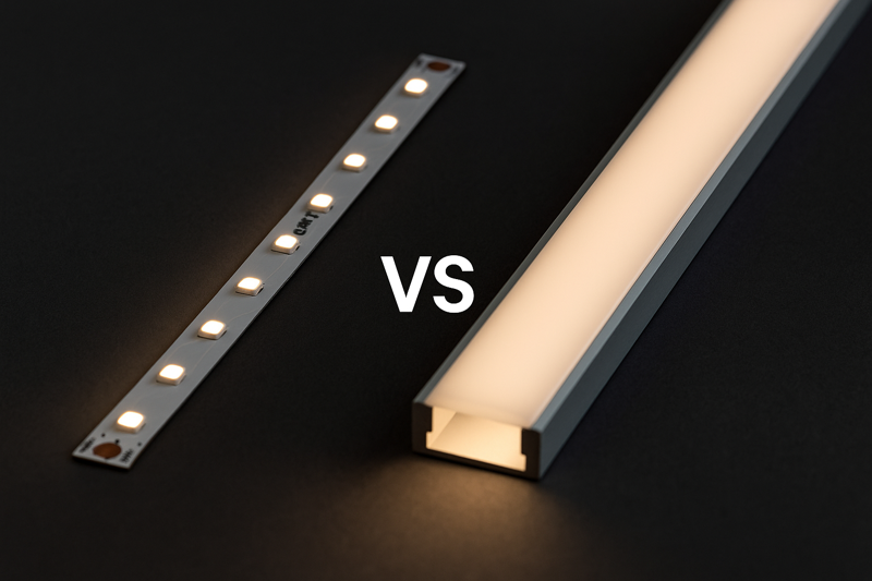 A comparison shot. One side shows a bare LED strip with visible dots. The other shows the same strip inside a deep channel with an opal diffuser, producing a smooth, solid line of light.