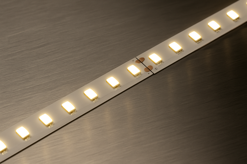 A close-up of an LED strip mounted directly onto a clean, brushed aluminum surface. The light reflects beautifully off the metal.