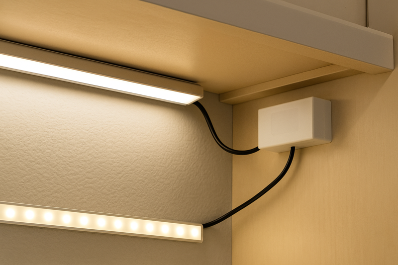 A clean installation shot where the LED lighting is visible, but the wires disappear neatly into a small hole drilled into the back of a cabinet where the power supply is discreetly mounted.