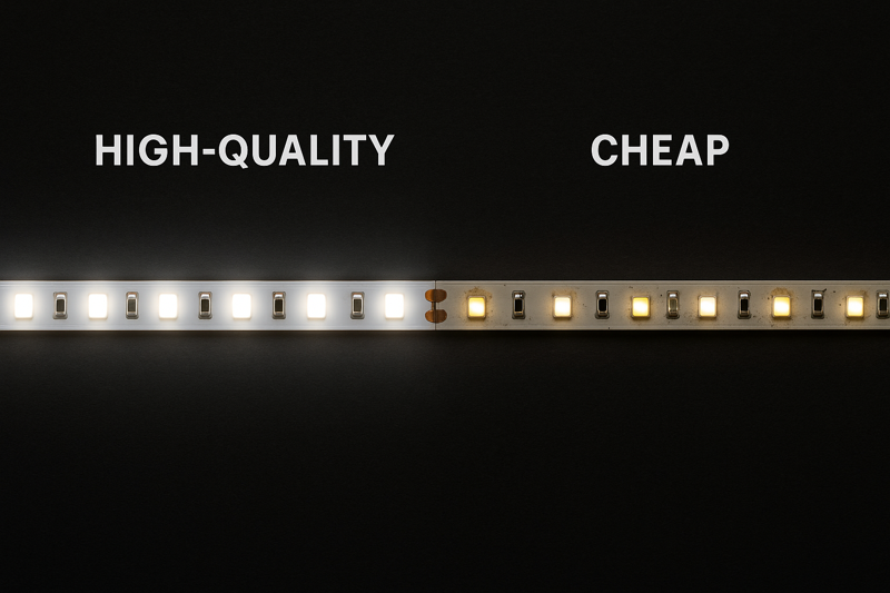 A visual comparison showing a high-quality LED strip with bright, even light next to a cheap, discolored strip with dead spots