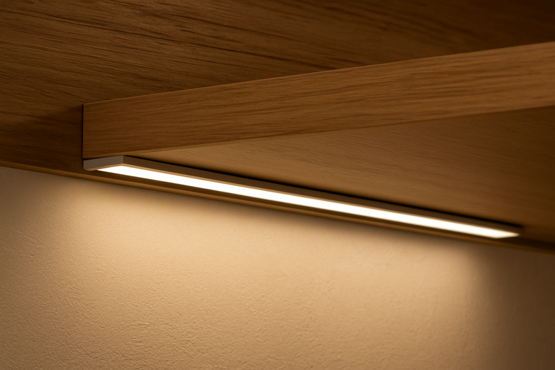 An elegant installation of an LED strip mounted inside a slim aluminum channel on the underside of a wooden shelf, creating a clean, professional look.