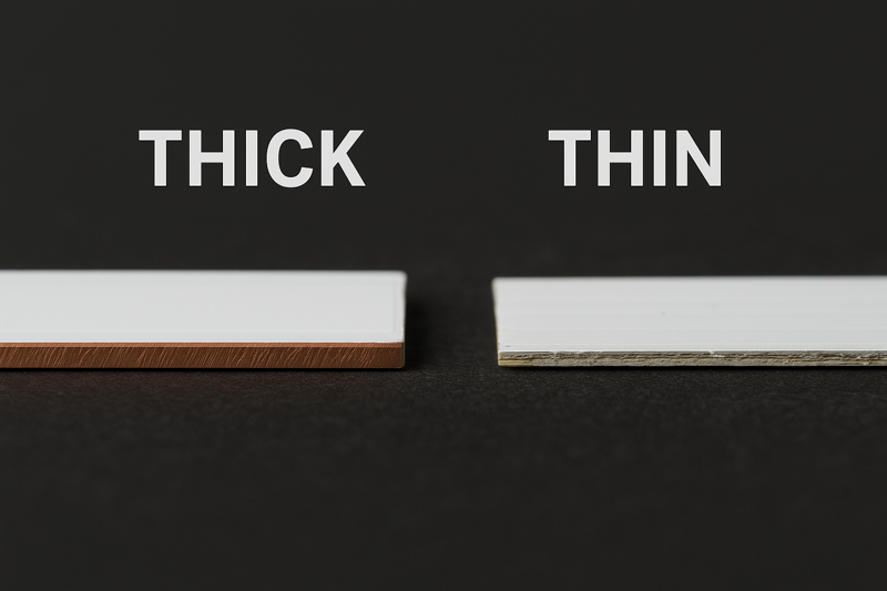 A close-up, side-by-side view of two PCBs. One is thick with a visible heavy copper layer. The other is thin, flimsy, and looks poorly made.