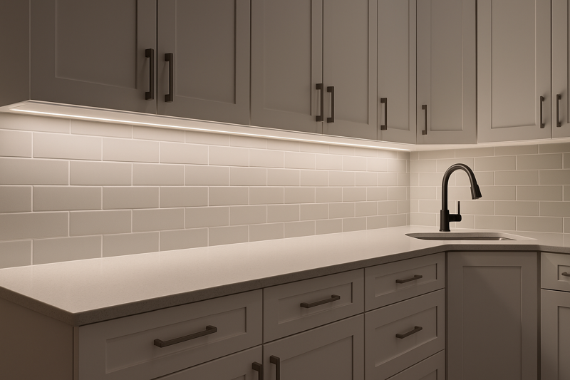 A beautiful, modern kitchen with seamless under-cabinet lighting that casts a smooth, dot-free line of light on the countertop