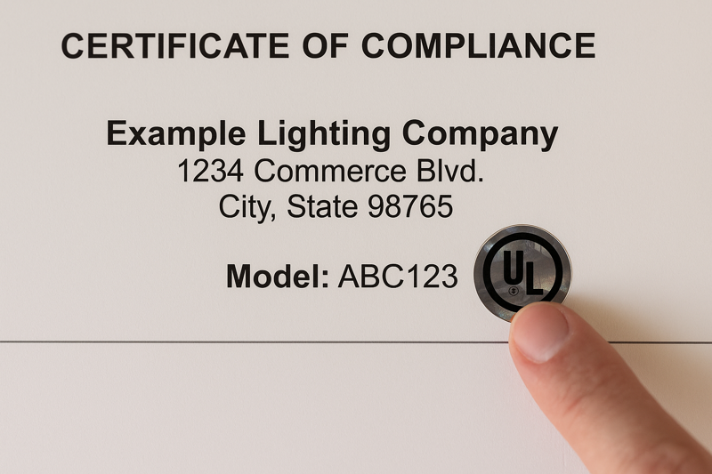 An image of an official UL certification document with the company's name and product model clearly visible. A hand is pointing to the holographic UL seal.