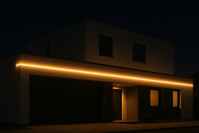A modern home at night, with clean architectural lines highlighted by a continuous LED strip under the roofline, creating a secure and well-lit perimeter