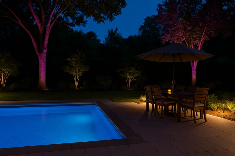 A stunning backyard at dusk set up for a party, with a pool glowing blue, a dining area in warm light, and trees uplighted in a soft magenta.