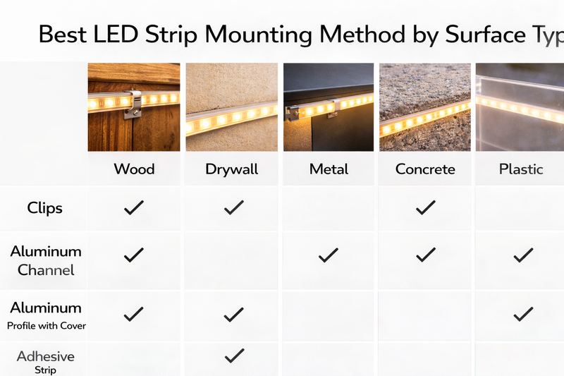 A comparison chart showing best LED strip mounting methods for wood, drywall, metal, concrete, and plastic.