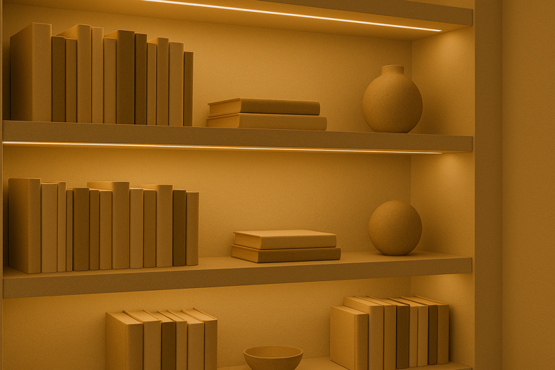 A close-up of a built-in bookshelf where each shelf has a hidden LED strip at the front, casting light down and back to perfectly illuminate the books and objects.