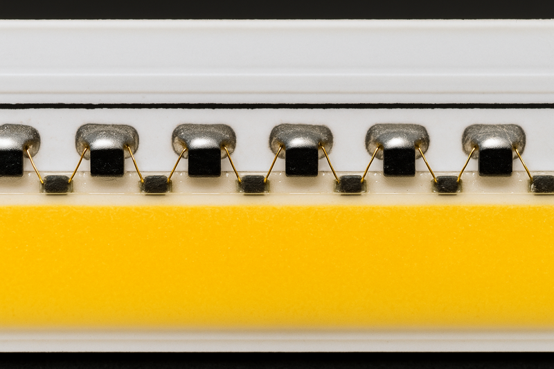 An extreme close-up macro shot showing the internal structure of a COB strip: the circuit board, the tiny black LED dies, and the smooth yellow phosphor layer over them.