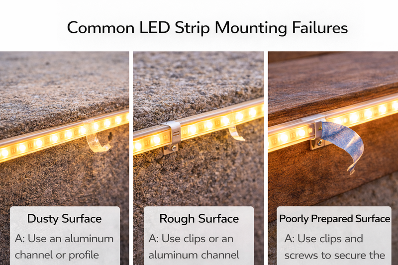 Examples of LED strip mounting failures on dusty, rough, or poorly prepared surfaces.