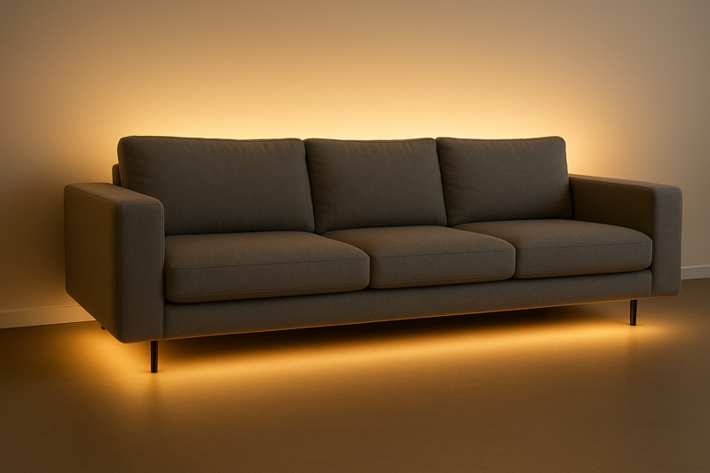 A modern, low-profile sofa that appears to be floating above the floor, thanks to a hidden warm white LED strip mounted on its underside frame.