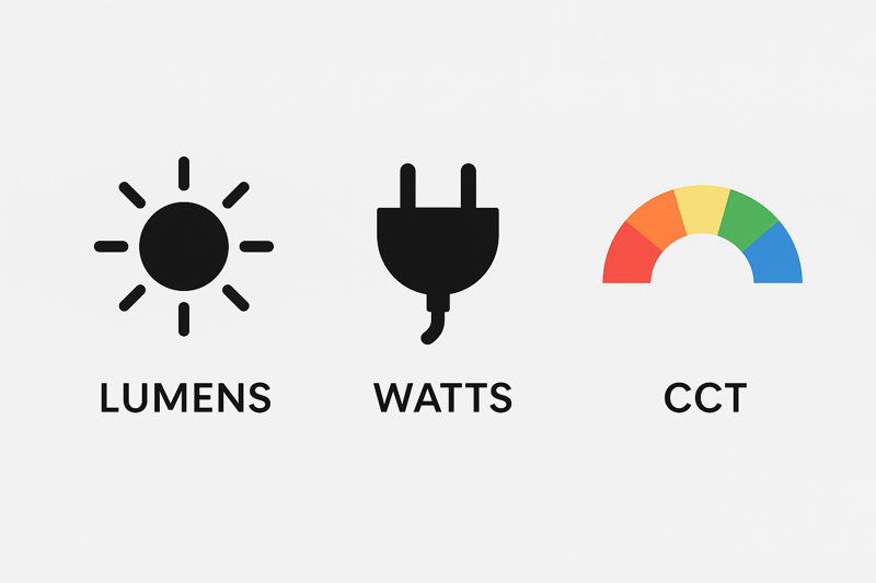A graphic showing three icons side-by-side: a sun for Lumens, a power plug for Watts, and a color spectrum for CCT