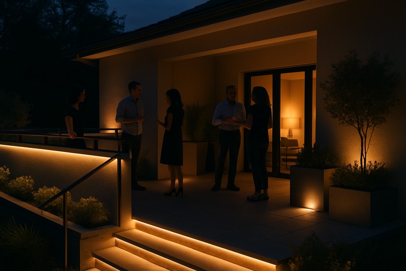 An elegant patio with guests mingling, illuminated only by soft, warm light hidden under railings, in coves, and behind planters. No direct light sources are visible.