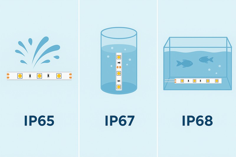 A simple visual chart comparing IP65 (spraying water), IP67 (a strip submerged in a glass of water), and IP68 (a strip at the bottom of a fish tank).