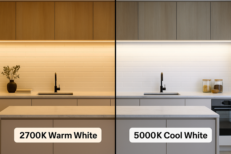 A comparison photo showing the same kitchen scene lit with 2700K warm white light versus 5000K cool white light, demonstrating the dramatic difference in mood.