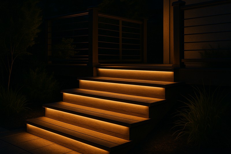 A set of outdoor deck stairs at night, beautifully and safely lit by LED strips tucked under the lip of each step, providing a clear path.
