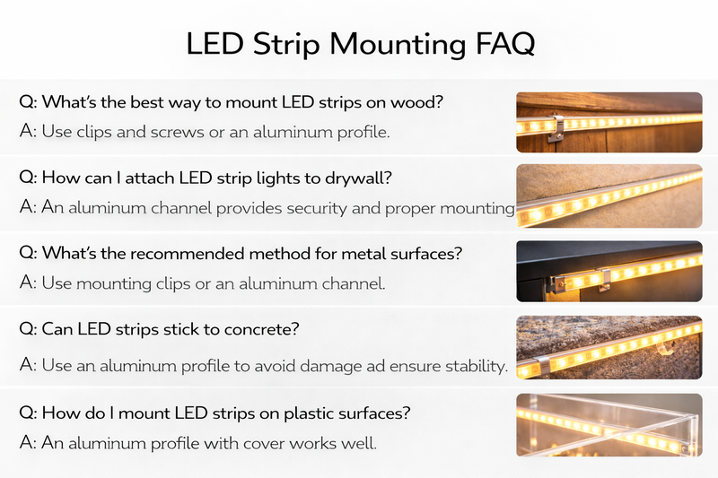 Frequently asked questions about mounting LED strip lights on different surfaces.