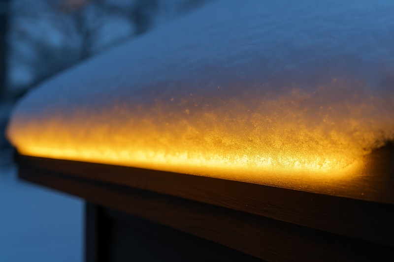 An image of a roofline with snow. You can see the glow of the LED strip through a thin layer of the snow, creating a diffuse, beautiful lighting effect.