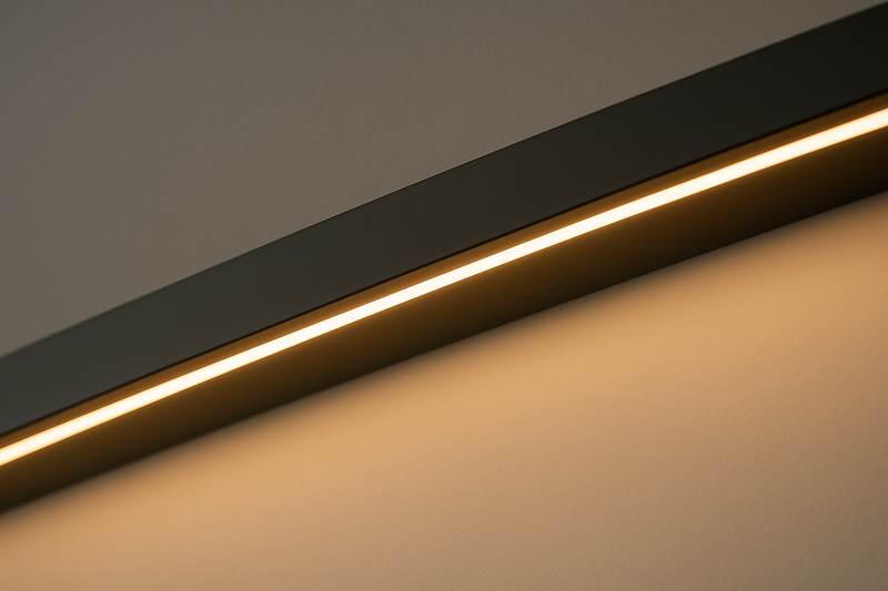 A close-up of a modern, minimalist light fixture where the strip is visible, showing a perfect, dot-free line of warm light from a 120 LEDs/m strip.