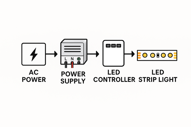 A simple, clear wiring diagram: AC Power -> Power Supply -> LED Controller -> LED Strip Light. Arrows indicate the flow of electricity.”><figcaption>Wiring Diagram for LED Controller and Dimmer</figcaption></figure>
</p>
<p>This is a critical point of confusion for those new to low-voltage lighting. You cannot dim an LED strip by connecting a standard wall dimmer to the AC input of the power supply unless you are using a specific, and much more expensive, "dimmable" power supply. For 99% of projects using standard power supplies, the control happens on the low-voltage (e.g., 24V) side. Placing the controller in the correct position in the circuit is essential for it to function correctly.</p>
<h3>Step-by-Step Wiring for a Single-Color Dimmer</h3>
<p>Let’s walk through the signal path for a simple single-color <a href=