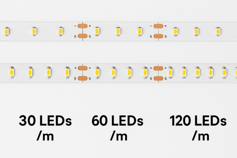 A graphic showing three sections of LED strip side-by-side with 30, 60, and 120 LEDs per meter to visually compare the spacing