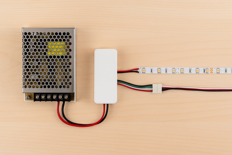 A clean and organized wiring setup showing an LED power supply, a controller, and an LED strip connected with proper wiring and connectors.