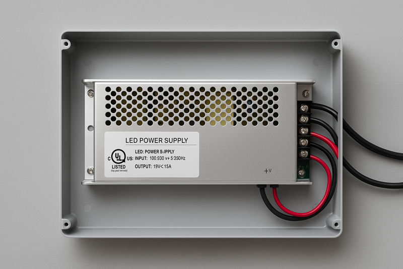 A picture of a high-quality, UL-listed LED power supply installed in a clean, well-ventilated enclosure. The unit looks robust and professionally installed.