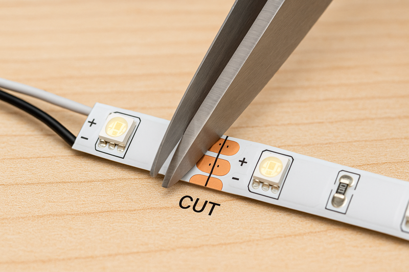 A close-up macro shot of an LED strip's cut point, with sharp scissors perfectly aligned on the center line between the copper pads.