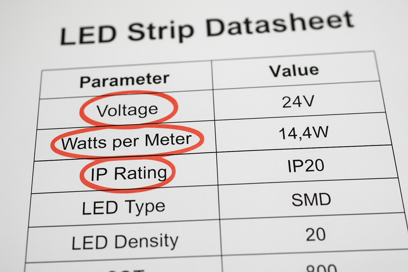 A close-up shot of a technical specification sheet (datasheet) for an LED strip, with the Voltage, Watts per Meter, and IP Rating circled in red.