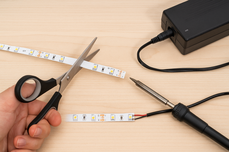 A clean, well-lit workbench showing an LED strip being cut with sharp scissors on the cut line, another section being soldered, and a power supply connected