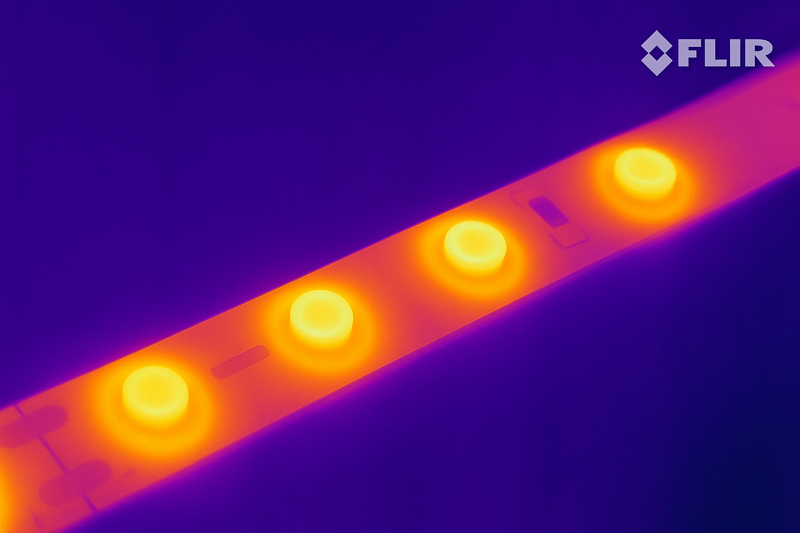 An infrared thermal image of an LED strip, showing hotspots on the LEDs and illustrating that power consumption creates heat.