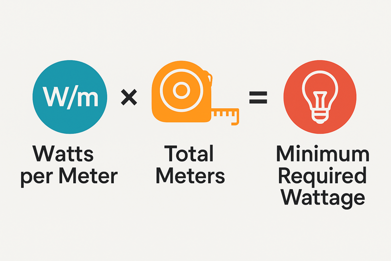 An infographic showing the formula: Watts per Meter x Total Meters = Minimum Required Wattage, with icons representing each element.
