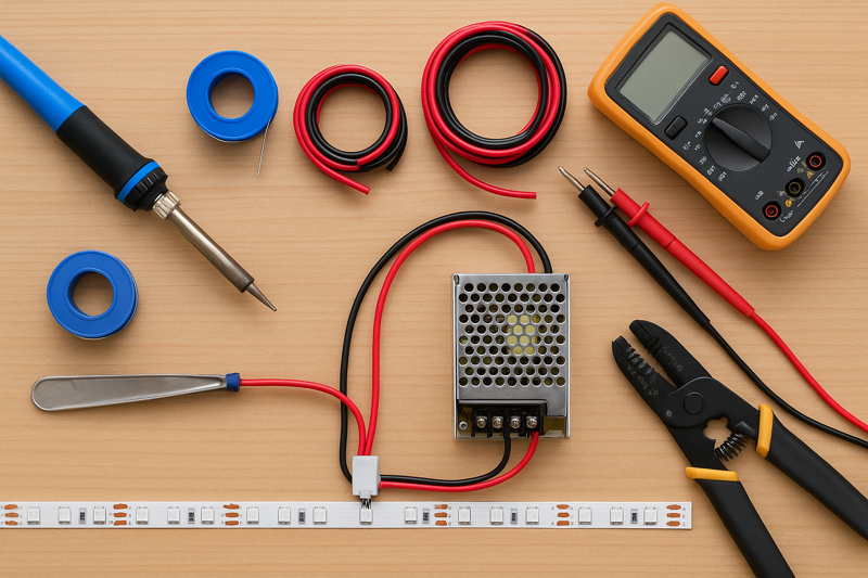 A flat-lay image of professional tools: soldering iron, solder, multimeter, red and black wire spools, wire strippers, and an LED strip with a power supply.