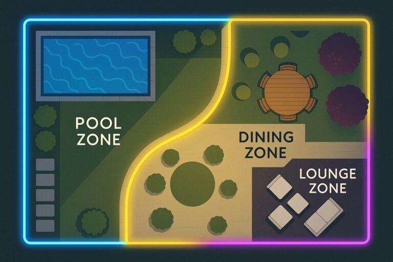A top-down view of a backyard plan, showing a blue "pool zone," a yellow "dining zone," and a purple "lounge zone" created with different lighting schemes